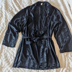 Vtg Julie Ganem France Black Striped Short Robe Small Kimono Style NightGown